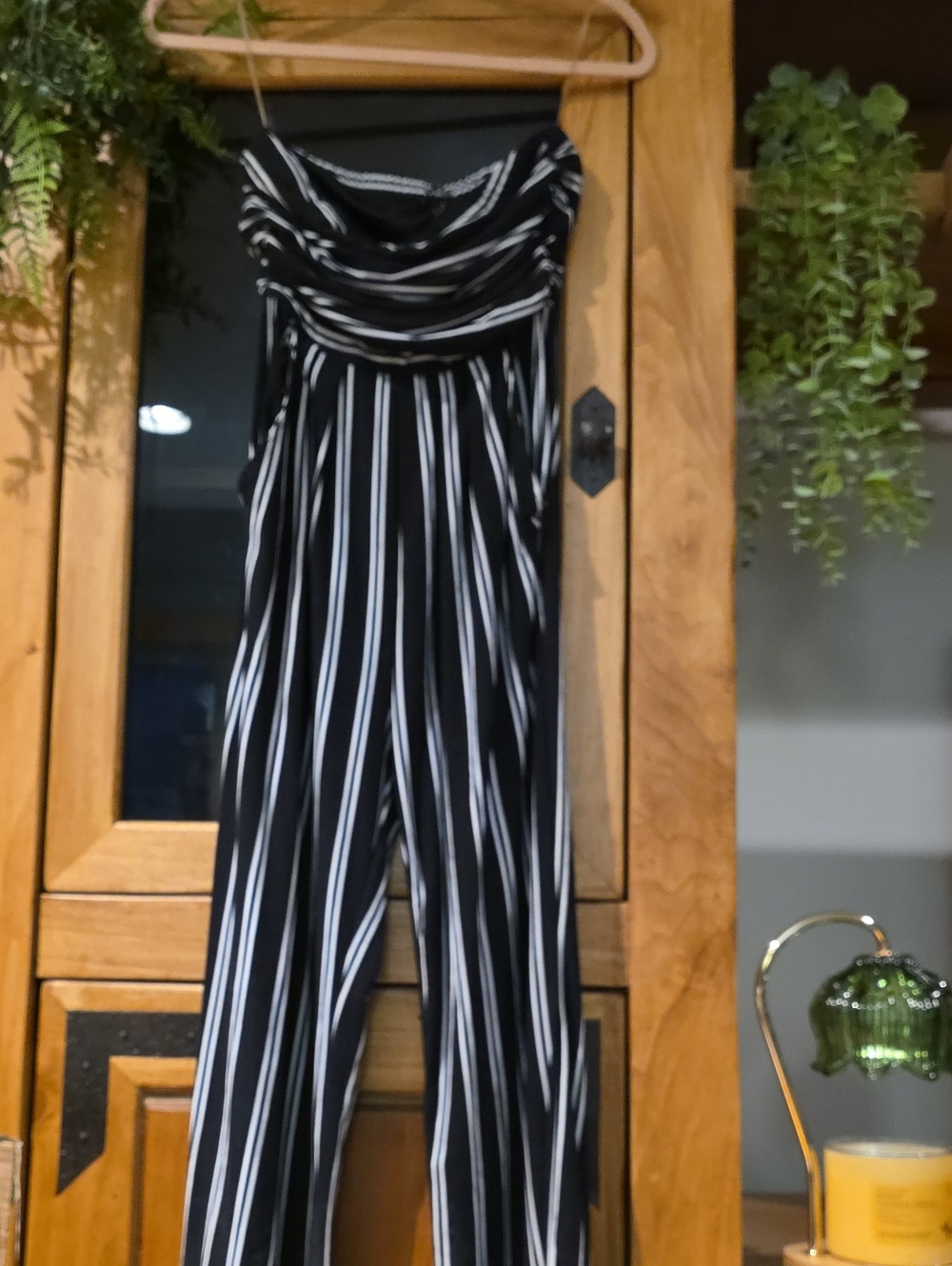 Rue21 Black and White Vertical Stripe Strapless Jumpsuit With Pockets